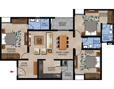 3 BHK Floor Plan Type 2